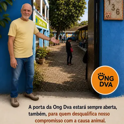 Benedito Furtado na entrada da ONG Defesa da Vida Animal.